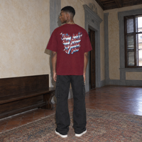 Man wearing the SERENOS Final Version T-Shirt in wine red, back print reading This isn't the final version of you