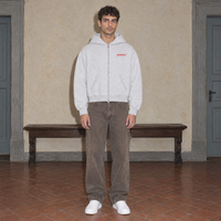 Man wearing the SERENOS Love Full Zip Hoodie in flower gray, front view with small red chest logo, cropped boxy fit