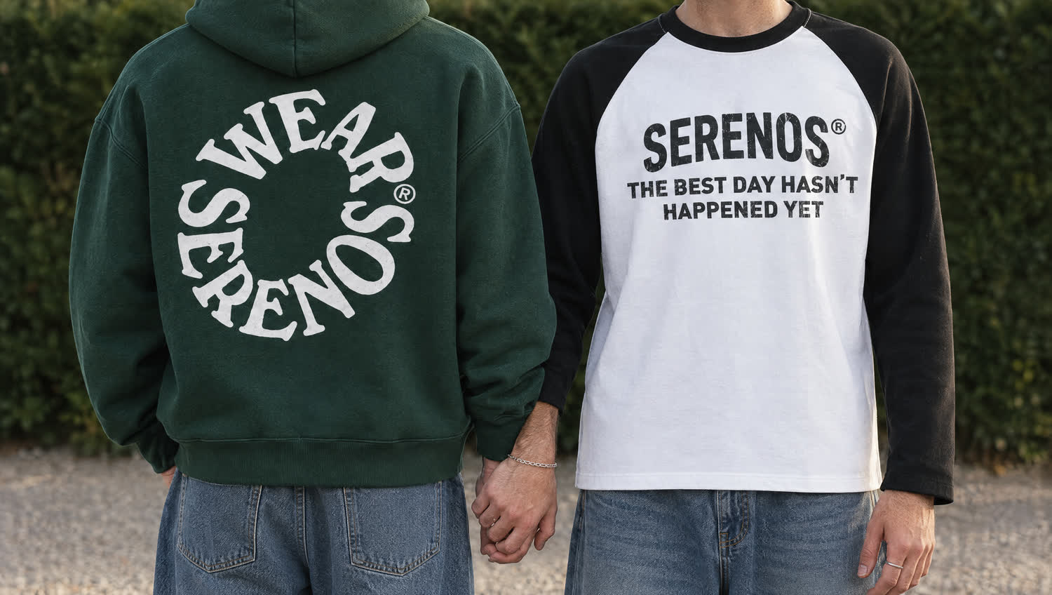 Two people together wearing Serenos t-shirts